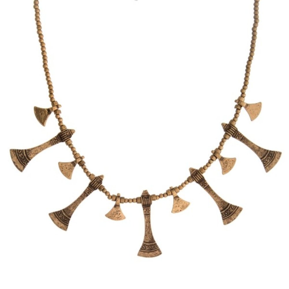 Gold tone beaded necklace with hammered, bohemian charms